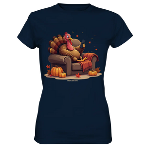 Gemütlicher Cartoon Truthahn in einem Sessel Herbstliches und humorvolles Erntedank Kunstwerk - Ladies Premium Shirt Bright Lights Arts