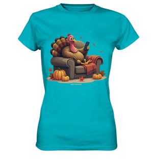 Gemütlicher Cartoon Truthahn in einem Sessel Herbstliches und humorvolles Erntedank Kunstwerk - Ladies Premium Shirt Bright Lights Arts