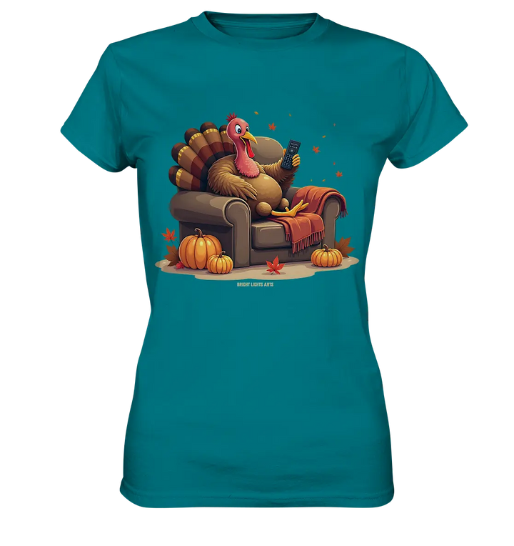 Gemütlicher Cartoon Truthahn in einem Sessel Herbstliches und humorvolles Erntedank Kunstwerk - Ladies Premium Shirt Bright Lights Arts