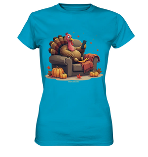 Gemütlicher Cartoon Truthahn in einem Sessel Herbstliches und humorvolles Erntedank Kunstwerk - Ladies Premium Shirt Bright Lights Arts