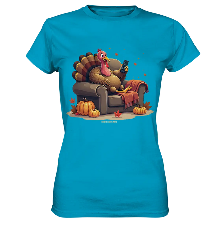 Gemütlicher Cartoon Truthahn in einem Sessel Herbstliches und humorvolles Erntedank Kunstwerk - Ladies Premium Shirt Bright Lights Arts
