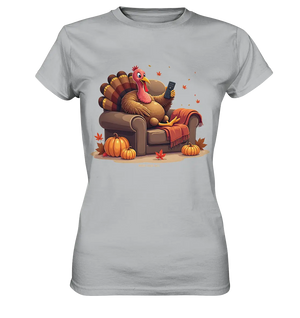 Gemütlicher Cartoon Truthahn in einem Sessel Herbstliches und humorvolles Erntedank Kunstwerk - Ladies Premium Shirt Bright Lights Arts