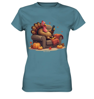 Gemütlicher Cartoon Truthahn in einem Sessel Herbstliches und humorvolles Erntedank Kunstwerk - Ladies Premium Shirt Bright Lights Arts