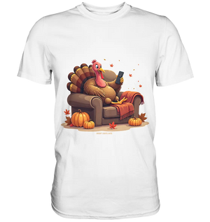 Gemütlicher Cartoon Truthahn in einem Sessel Herbstliches und humorvolles Erntedank Kunstwerk - Premium Shirt Bright Lights Arts