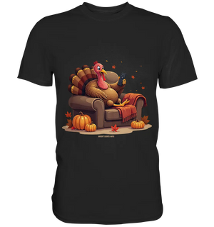 Gemütlicher Cartoon Truthahn in einem Sessel Herbstliches und humorvolles Erntedank Kunstwerk - Premium Shirt Bright Lights Arts