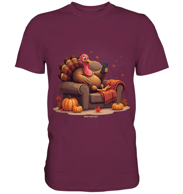 Gemütlicher Cartoon Truthahn in einem Sessel Herbstliches und humorvolles Erntedank Kunstwerk - Premium Shirt Bright Lights Arts