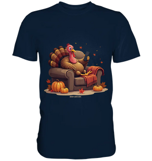 Gemütlicher Cartoon Truthahn in einem Sessel Herbstliches und humorvolles Erntedank Kunstwerk - Premium Shirt Bright Lights Arts