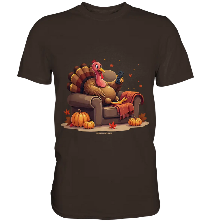 Gemütlicher Cartoon Truthahn in einem Sessel Herbstliches und humorvolles Erntedank Kunstwerk - Premium Shirt Bright Lights Arts