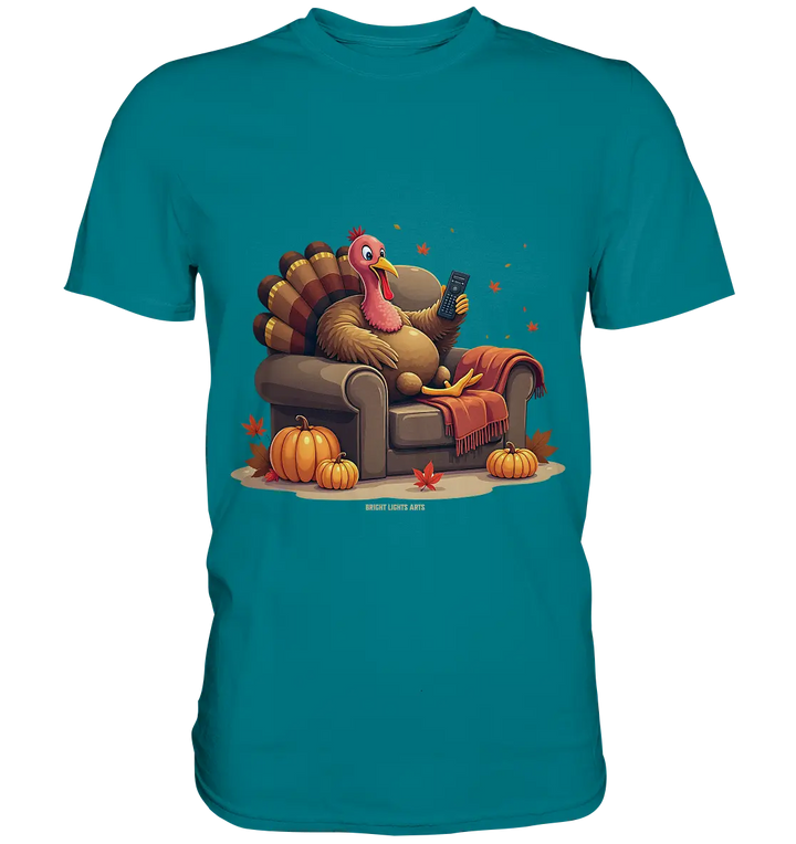 Gemütlicher Cartoon Truthahn in einem Sessel Herbstliches und humorvolles Erntedank Kunstwerk - Premium Shirt Bright Lights Arts