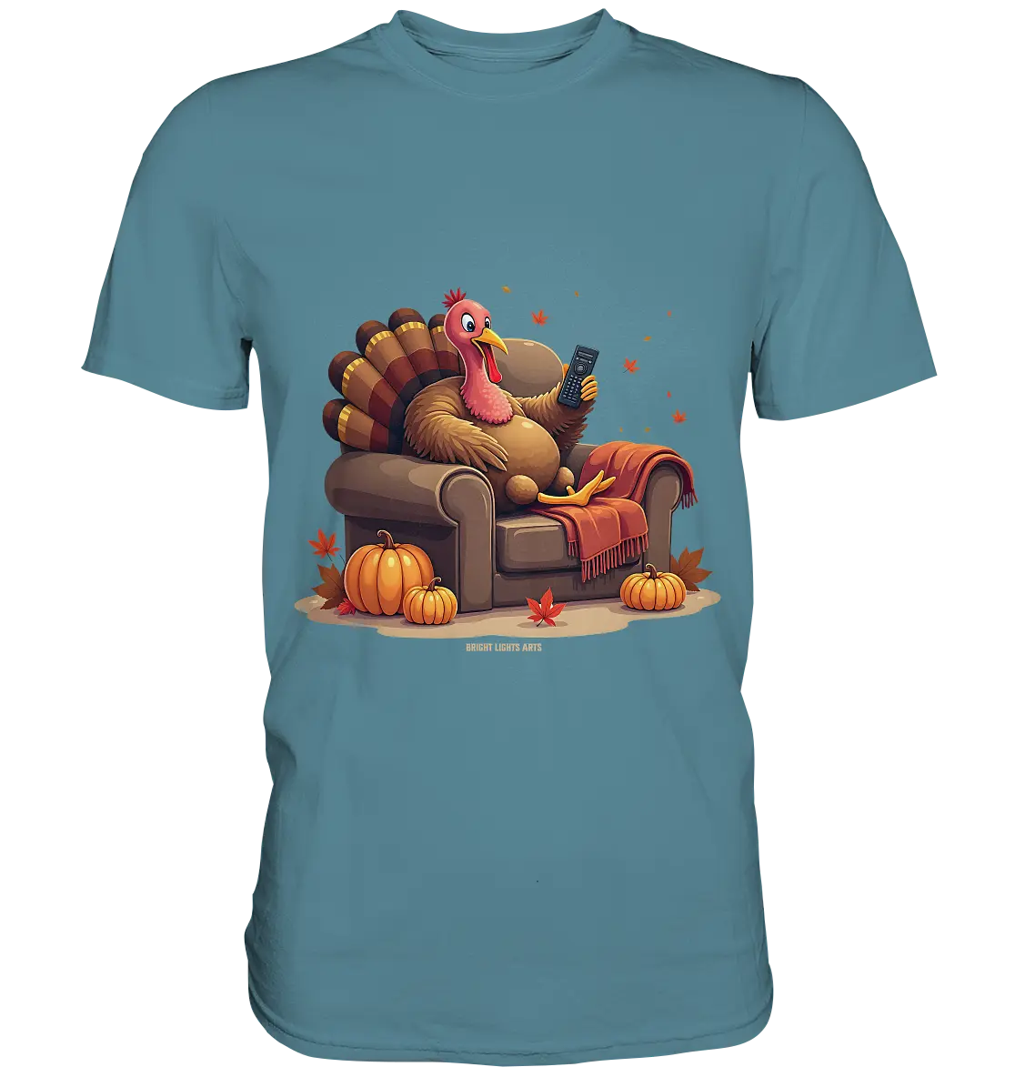 Gemütlicher Cartoon Truthahn in einem Sessel Herbstliches und humorvolles Erntedank Kunstwerk - Premium Shirt Bright Lights Arts
