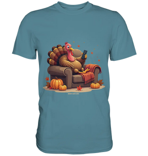 Gemütlicher Cartoon Truthahn in einem Sessel Herbstliches und humorvolles Erntedank Kunstwerk - Premium Shirt Bright Lights Arts