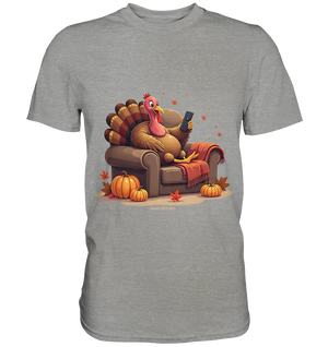 Gemütlicher Cartoon Truthahn in einem Sessel Herbstliches und humorvolles Erntedank Kunstwerk - Premium Shirt Bright Lights Arts