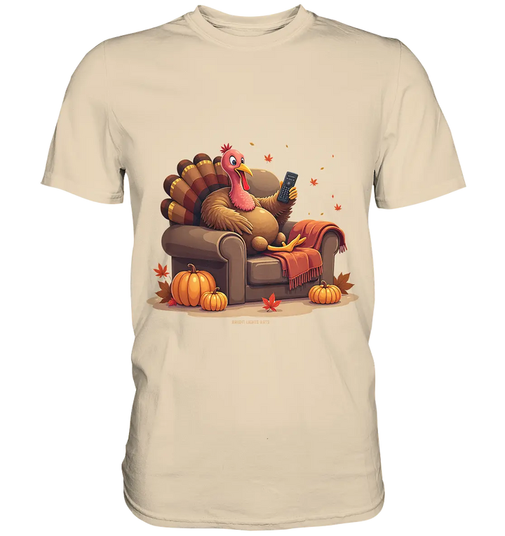 Gemütlicher Cartoon Truthahn in einem Sessel Herbstliches und humorvolles Erntedank Kunstwerk - Premium Shirt Bright Lights Arts