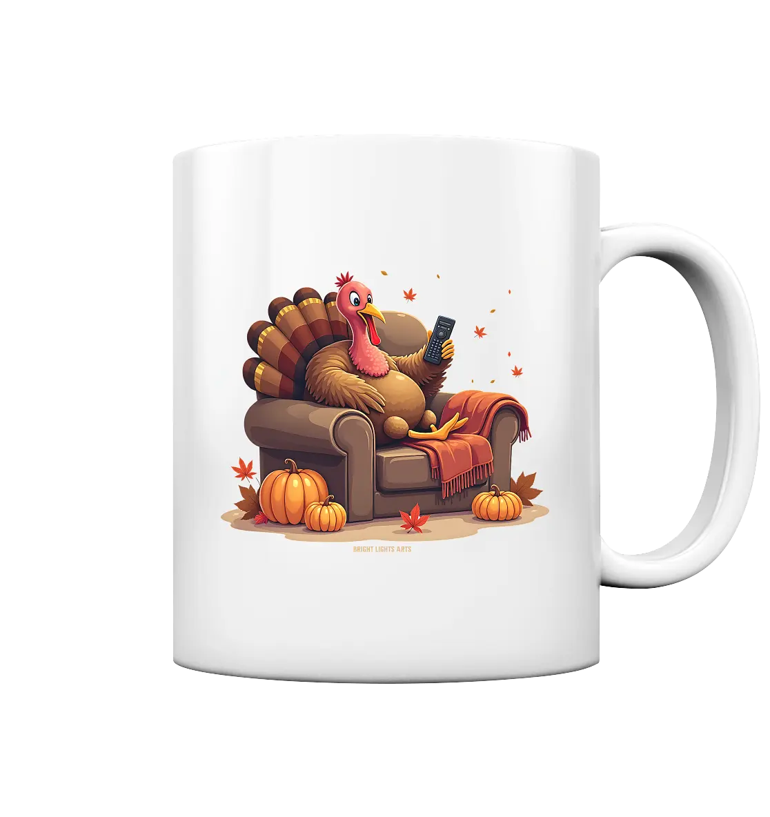 Gemütlicher Cartoon Truthahn in einem Sessel Herbstliches und humorvolles Erntedank Kunstwerk - Tasse glossy Bright Lights Arts