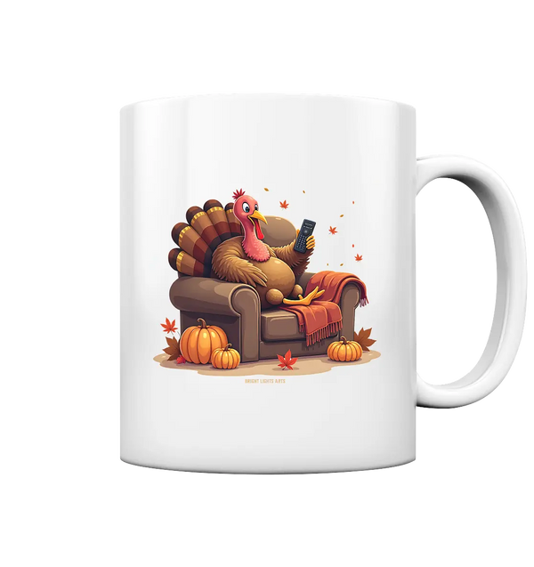 Gemütlicher Cartoon Truthahn in einem Sessel Herbstliches und humorvolles Erntedank Kunstwerk - Tasse glossy Bright Lights Arts