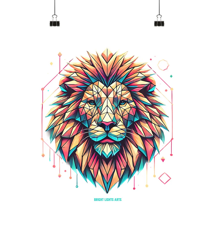 Geometrischer Löwenkopf in lebendigen Farben - Poster Din A2 (hoch) Bright Lights Arts