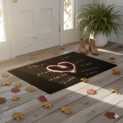 Schwarze Fußmatte mit leuchtendem Herz & „Ich liebe dich“ in vielen Sprachen, warmes Sonnenlicht, romantischer Vibe.
