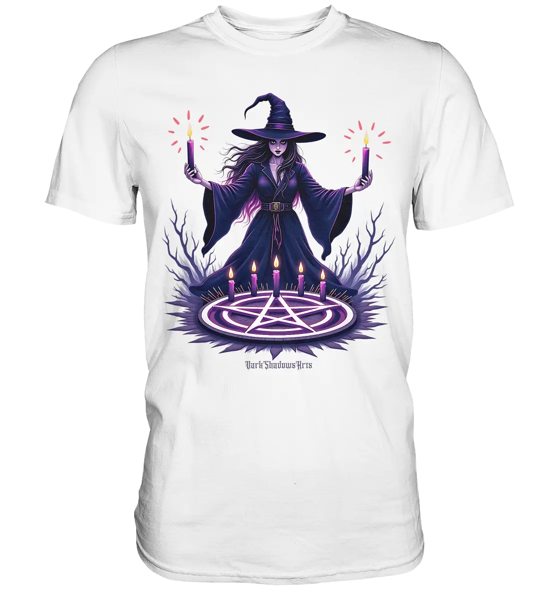 Hexen Illustration mit lila Kerzen und Pentagramm - Premium Shirt Bright Lights Arts