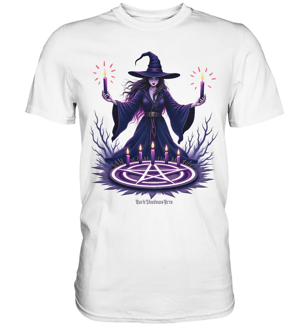 Hexen Illustration mit lila Kerzen und Pentagramm - Premium Shirt Bright Lights Arts