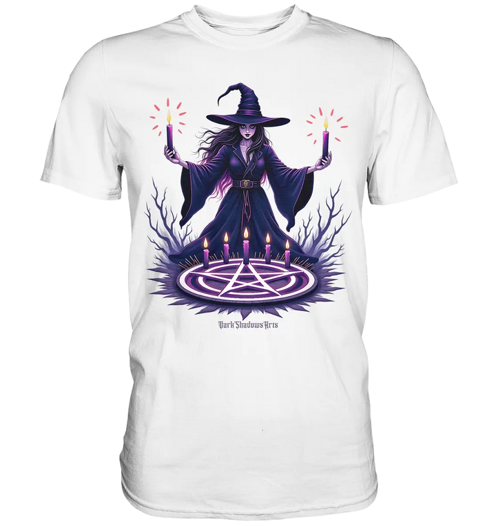 Hexen Illustration mit lila Kerzen und Pentagramm - Premium Shirt Bright Lights Arts