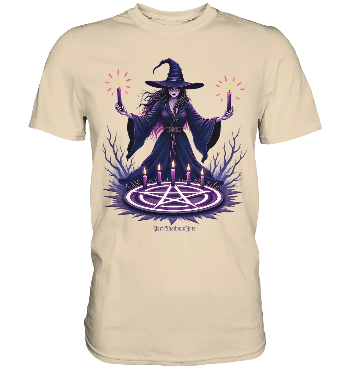 Hexen Illustration mit lila Kerzen und Pentagramm - Premium Shirt Bright Lights Arts