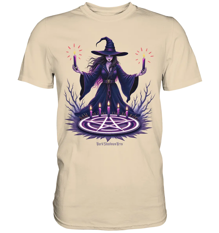 Hexen Illustration mit lila Kerzen und Pentagramm - Premium Shirt Bright Lights Arts