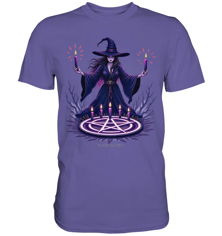 Hexen Illustration mit lila Kerzen und Pentagramm - Premium Shirt Bright Lights Arts