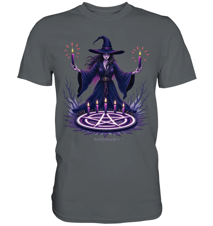 Hexen Illustration mit lila Kerzen und Pentagramm - Premium Shirt Bright Lights Arts