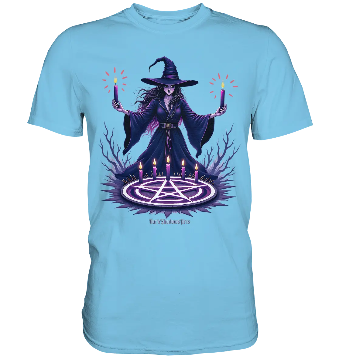 Hexen Illustration mit lila Kerzen und Pentagramm - Premium Shirt Bright Lights Arts