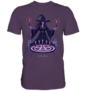 Hexen Illustration mit lila Kerzen und Pentagramm - Premium Shirt Bright Lights Arts