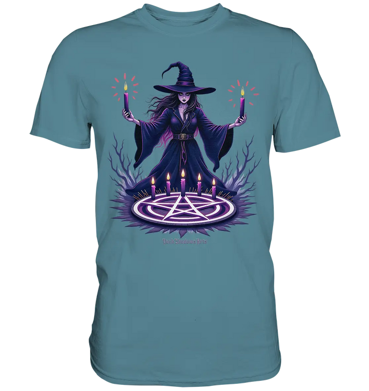 Hexen Illustration mit lila Kerzen und Pentagramm - Premium Shirt Bright Lights Arts