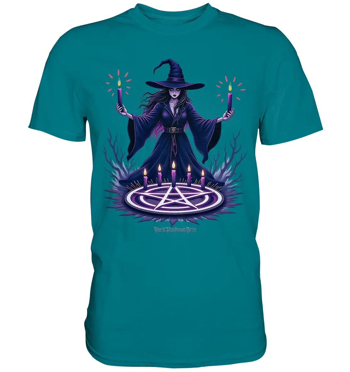 Hexen Illustration mit lila Kerzen und Pentagramm - Premium Shirt Bright Lights Arts