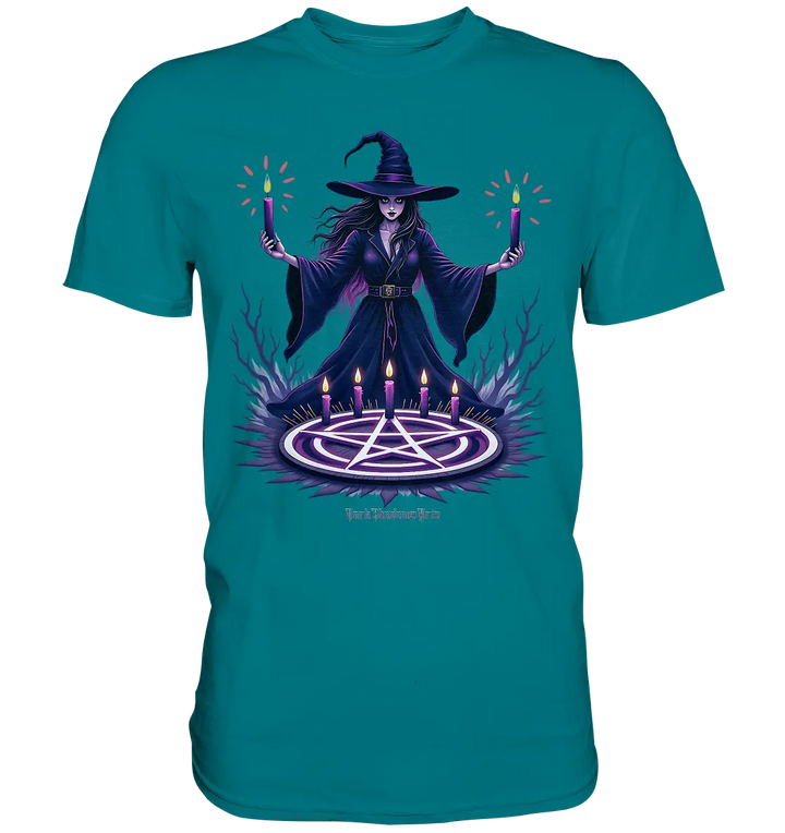 Hexen Illustration mit lila Kerzen und Pentagramm - Premium Shirt Bright Lights Arts