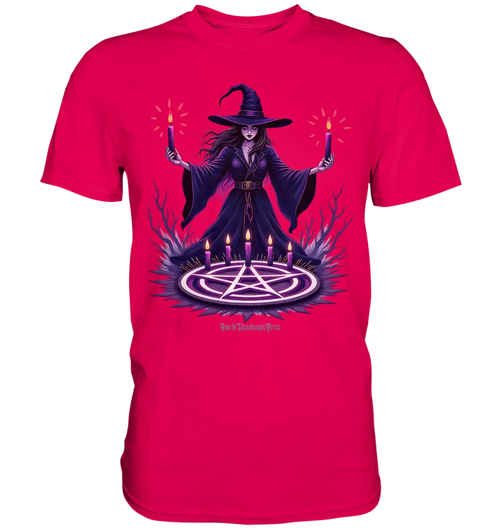Hexen Illustration mit lila Kerzen und Pentagramm - Premium Shirt Bright Lights Arts