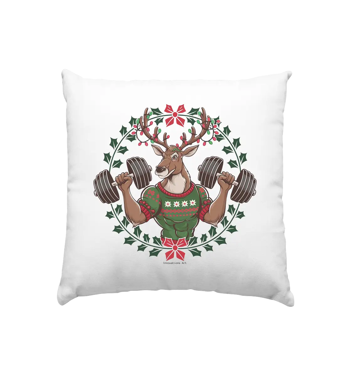 Hirsch mit Weihnachtspullover & Hanteln - Kissen 40x40cm Bright Lights Arts