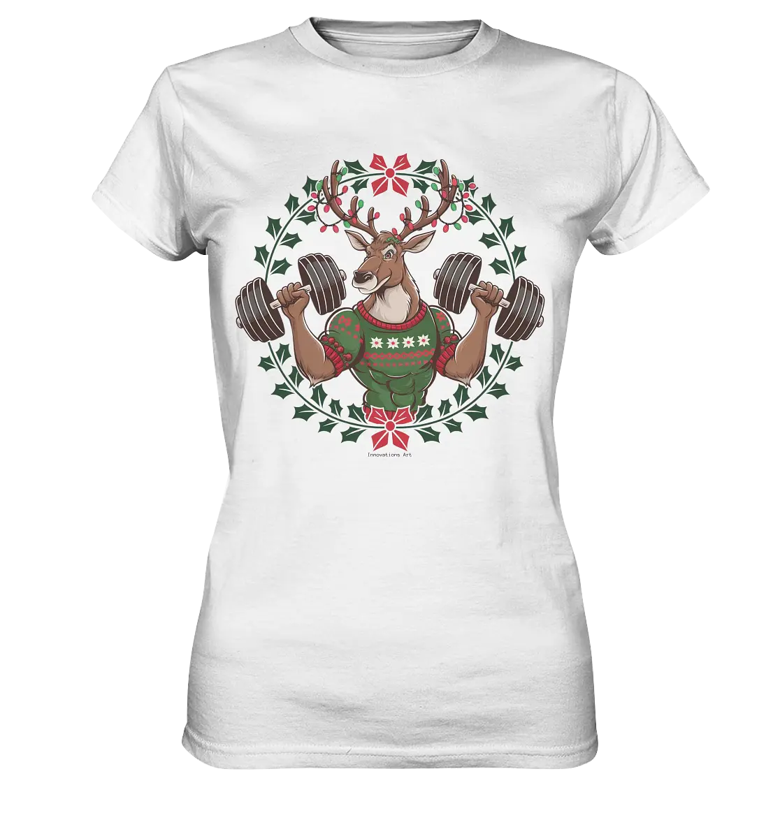 Hirsch mit Weihnachtspullover & Hanteln - Ladies Premium Shirt Bright Lights Arts