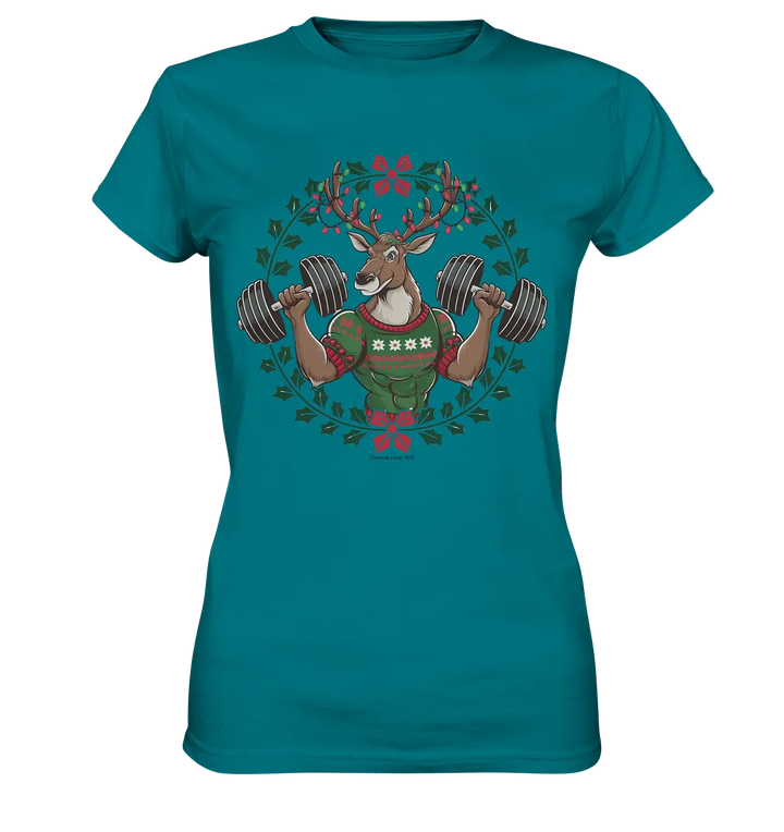 Hirsch mit Weihnachtspullover & Hanteln - Ladies Premium Shirt Bright Lights Arts