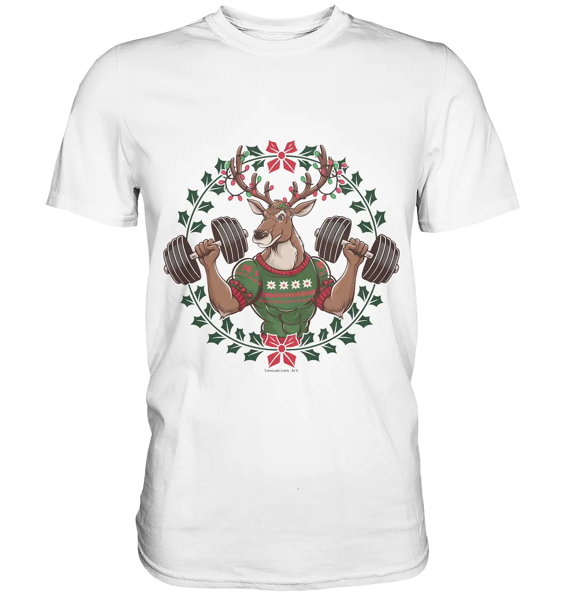 Hirsch mit Weihnachtspullover & Hanteln - Premium Shirt Bright Lights Arts