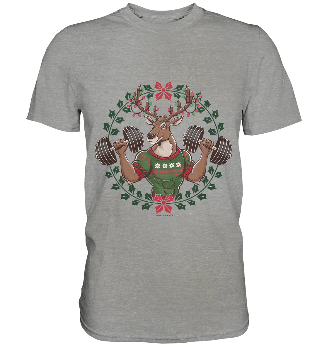 Hirsch mit Weihnachtspullover & Hanteln - Premium Shirt Bright Lights Arts