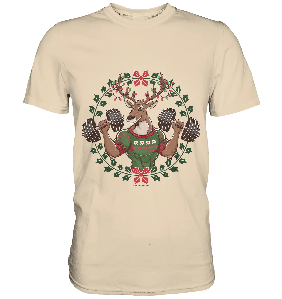 Hirsch mit Weihnachtspullover & Hanteln - Premium Shirt Bright Lights Arts