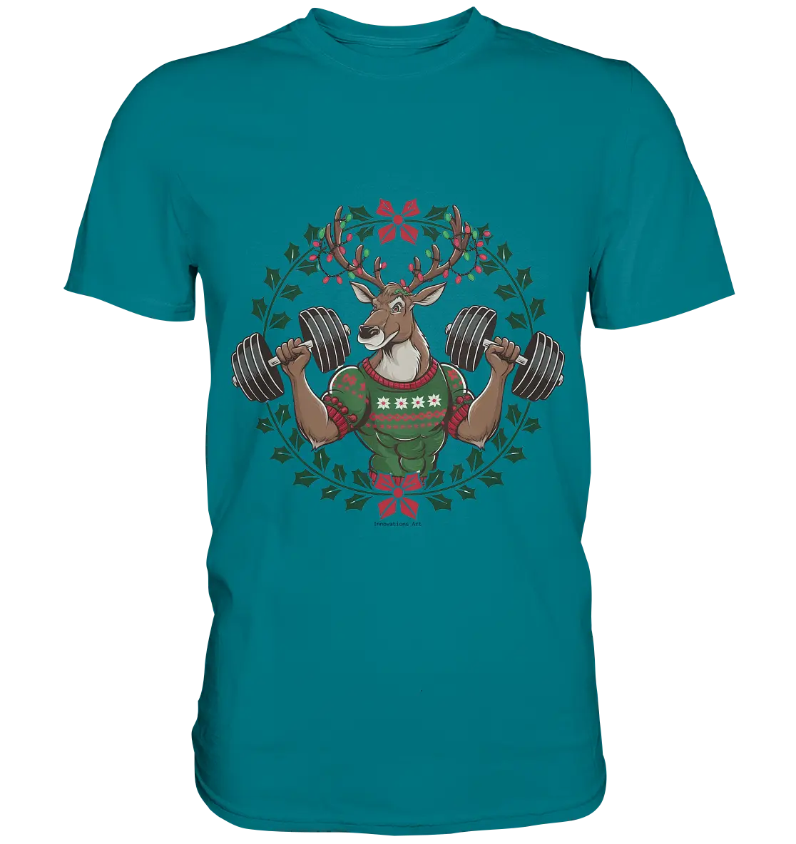Hirsch mit Weihnachtspullover & Hanteln - Premium Shirt Bright Lights Arts