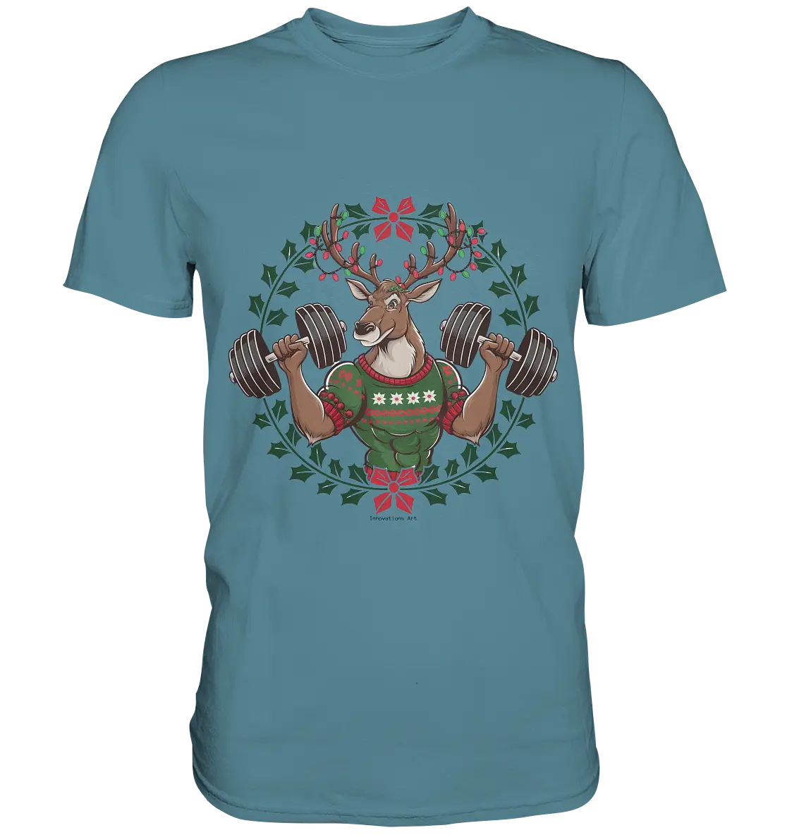 Hirsch mit Weihnachtspullover & Hanteln - Premium Shirt Bright Lights Arts