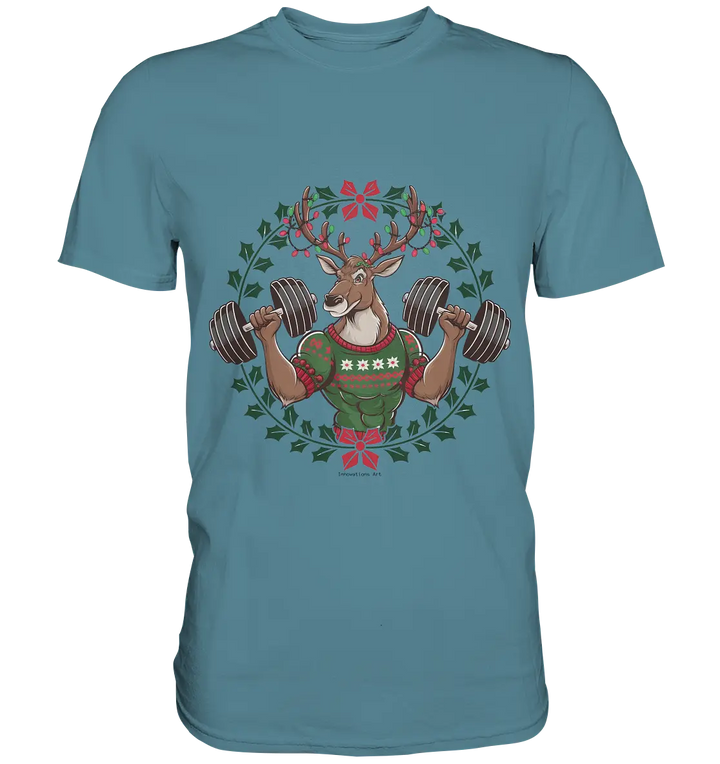 Hirsch mit Weihnachtspullover & Hanteln - Premium Shirt Bright Lights Arts