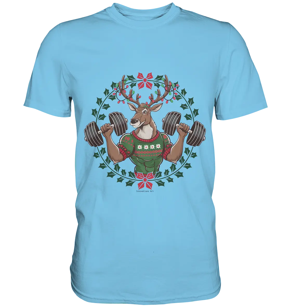 Hirsch mit Weihnachtspullover & Hanteln - Premium Shirt Bright Lights Arts