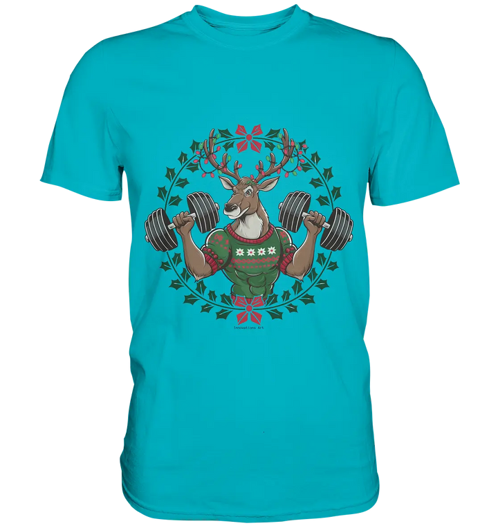 Hirsch mit Weihnachtspullover & Hanteln - Premium Shirt Bright Lights Arts