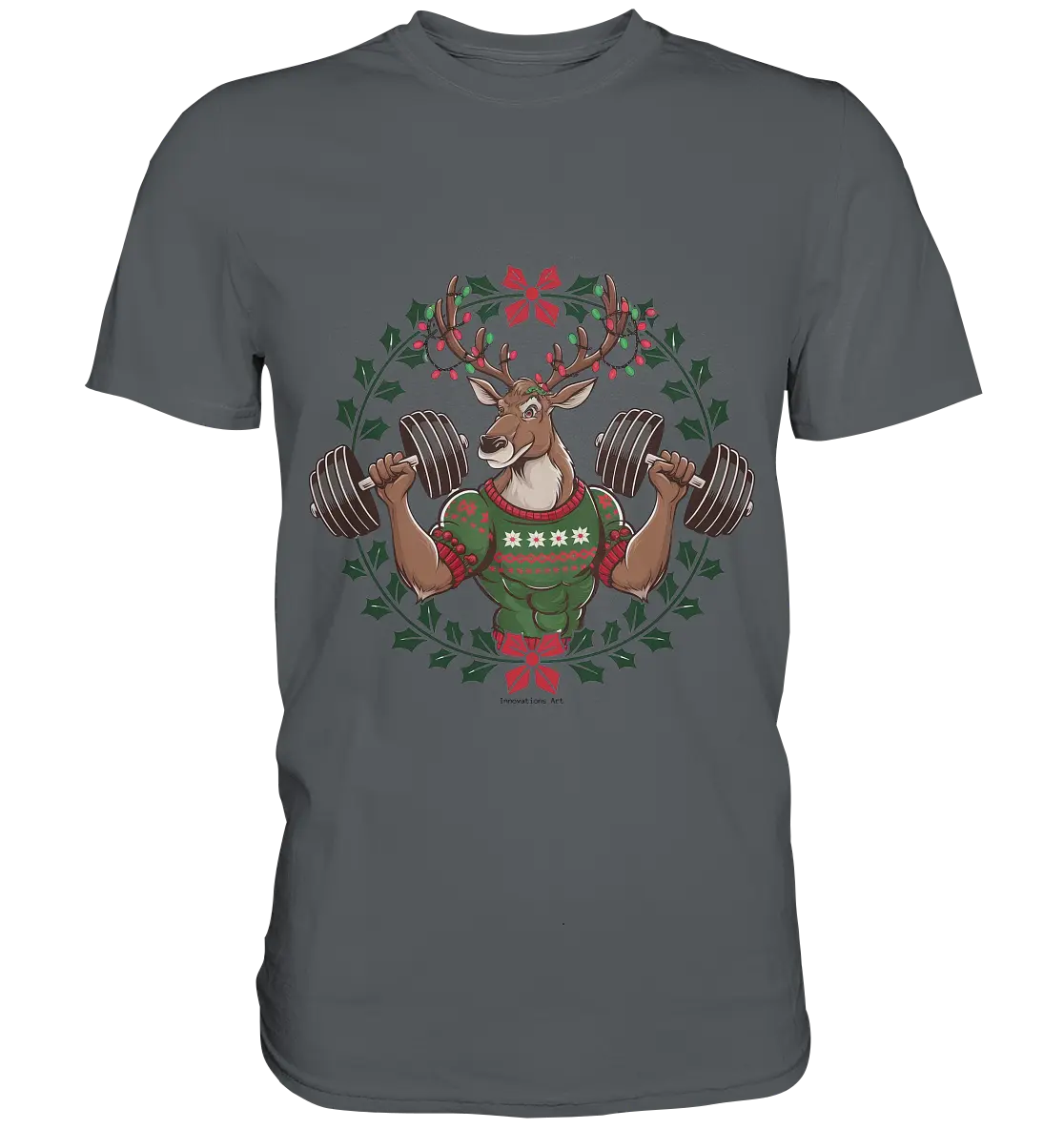 Hirsch mit Weihnachtspullover & Hanteln - Premium Shirt Bright Lights Arts