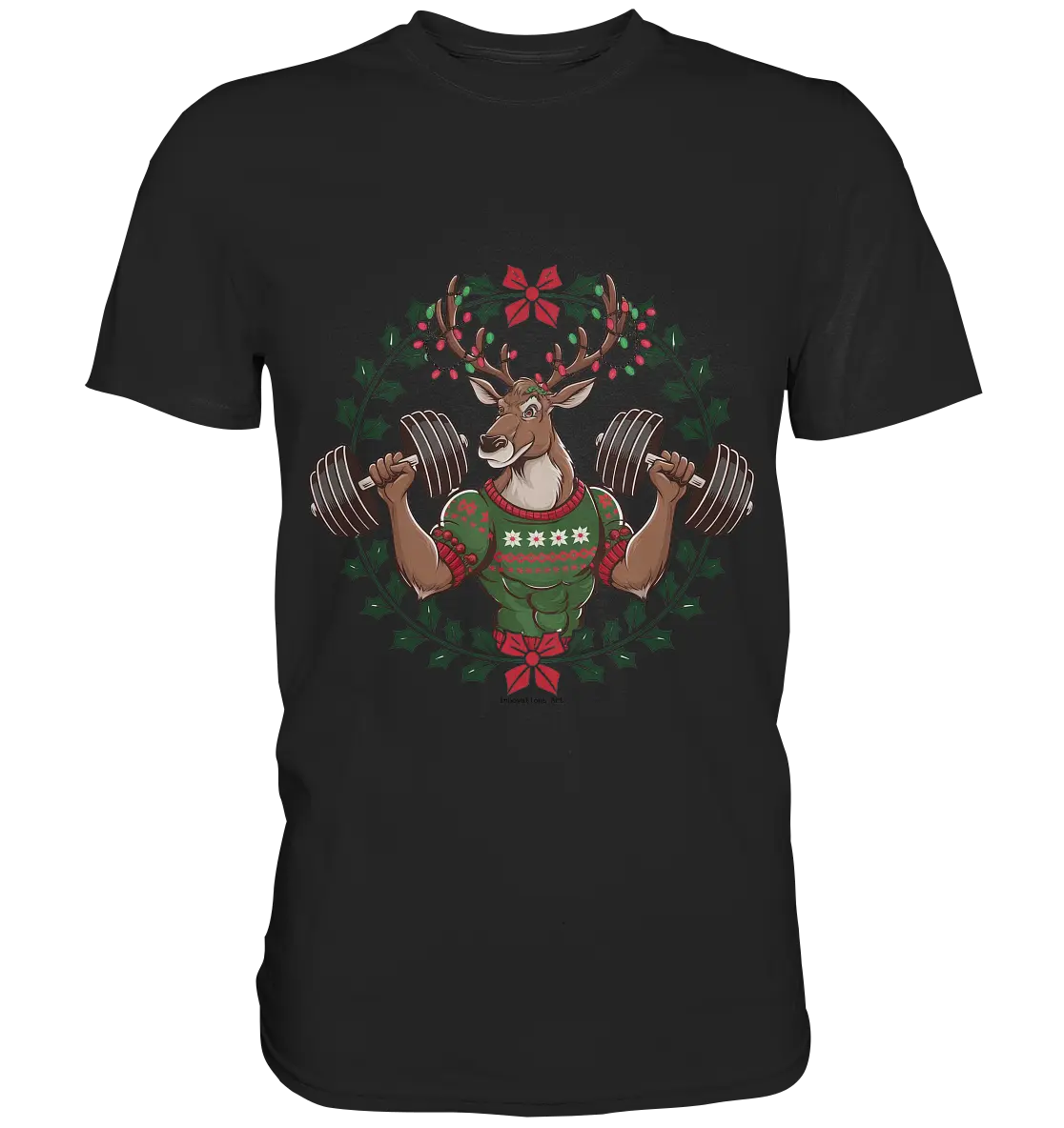 Hirsch mit Weihnachtspullover & Hanteln - Premium Shirt Bright Lights Arts