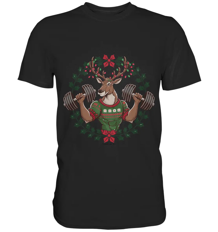 Hirsch mit Weihnachtspullover & Hanteln - Premium Shirt Bright Lights Arts