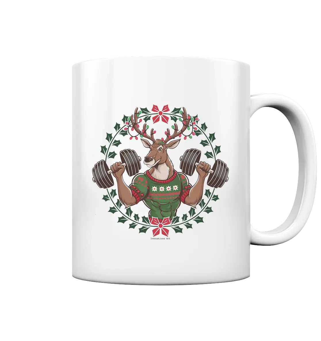 Hirsch mit Weihnachtspullover & Hanteln - Tasse glossy Bright Lights Arts