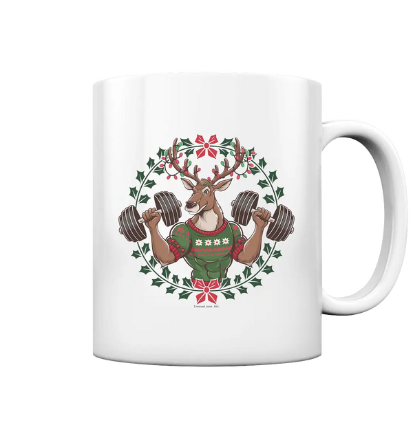Hirsch mit Weihnachtspullover & Hanteln - Tasse glossy Bright Lights Arts